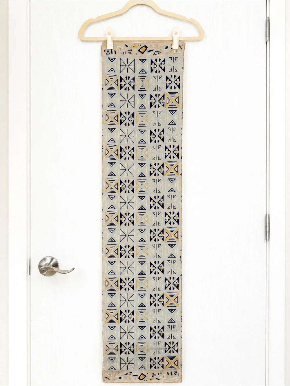 Rene Pure Soie 100% Silk Geometric Oblong Scarf Beige Blue Mustard Abstract